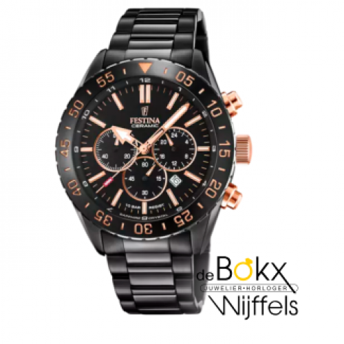 chronograaf horloge  zwart staal en ceramic van Festina F20577-1 - 600438