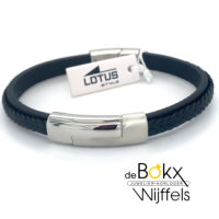 Lotus style armband met zwart leer een stalen plaat en sluiting - 600519