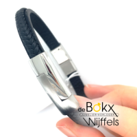 Lotus style armband met zwart leer een stalen plaat en sluiting - 600519