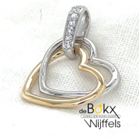 2 hartjes hanger in geel en wit goud met zirkonia steentjes - 600687 2 hartjes hanger in geel en wit goud met zirkonia steentjes - 600687