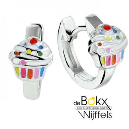 oorringen zilver met cupcake en gekleurde emialle 12.5mm - 600731 oorringen zilver met cupcake en gekleurde emialle 12.5mm - 600731