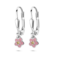 kinder oorhangers in zilver met emaille bloem, zikonia en brisur haak - 600991