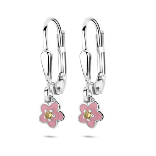 kinder oorhangers in zilver met emaille bloem, zikonia en brisur haak - 600991