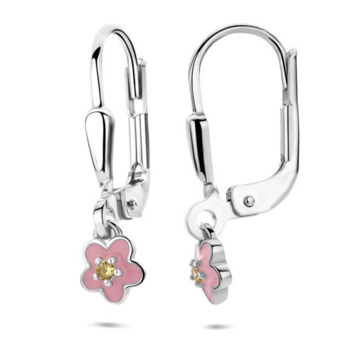 kinder oorhangers in zilver met emaille bloem, zikonia en brisur haak - 600991