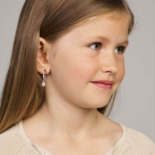 kinder oorhangers in zilver met emaille bloem, zikonia en brisur haak - 600991