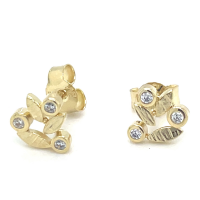 Gouden oorknoppen met zirkonia steentjes en fijne blaadjes - 601002 Gouden oorknoppen met zirkonia steentjes en fijne blaadjes - 601002