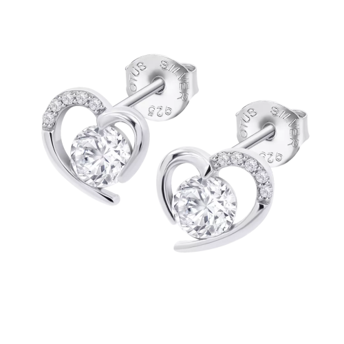 lotus style oorknoppen zilver hartjes met zirkonia steentjes - 601143