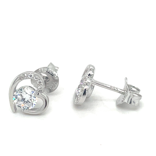 lotus style oorknoppen zilver hartjes met zirkonia steentjes - 601143
