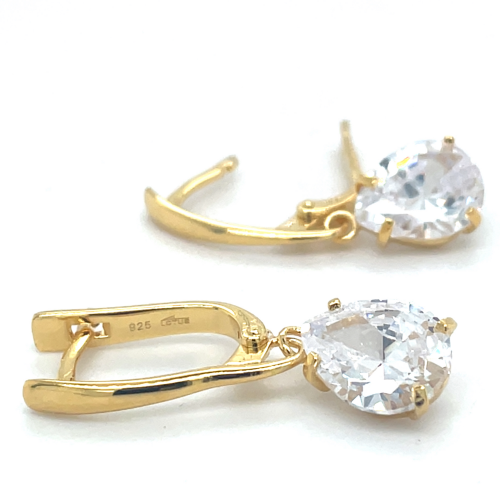 lotus style zilveren oorhangers goudkleurig met grote zirkonia steen - 601145