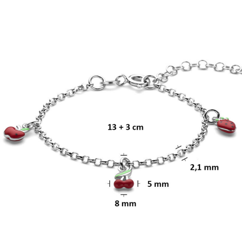 armband zilver met rood emaille fruit aardbei kers en appel 13 + 3 cm - 601288 armband zilver met rood emaille fruit aardbei kers en appel 13 + 3 cm - 601288