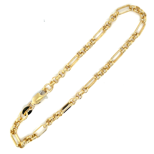 Fantasie schakelarmband geelgoud 3mm breed met 5 tussen ogen 18cm - 601376