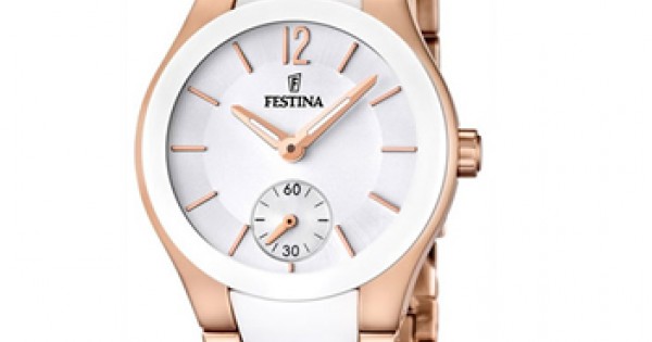 Horloge - Het Festina Ladies F16589/1 dames horloge met een kast van  roestvrijstaal in de kleur rosegoud. Het heeft een originele Festina  horlogeband van keramiek in de kleur rozegoud/wit. De kast grootte