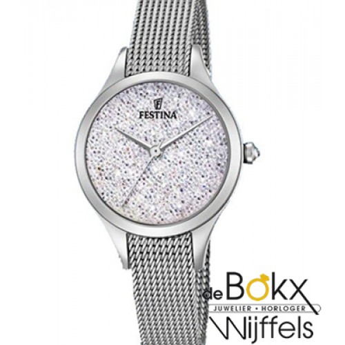 Horloge - Dit Festina horloge heeft een diameter van 32mm en is voorzien  van een minalese stalen band. De Wijzerplaat is wit en geheel bezet met swarovski  steentjes en heeft een quartz