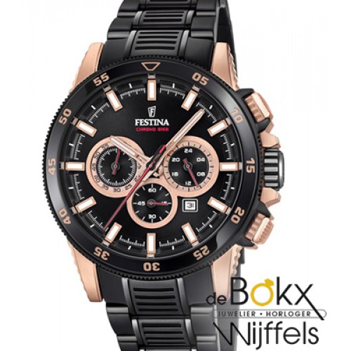 - Special edition horloge van Festina: F20354/1. Dit horloge heeft een edelstalen PVD kast en band met Rosé accenten Dit horloge is voorzien van een quarts uurwerk, chonograaf en datum,