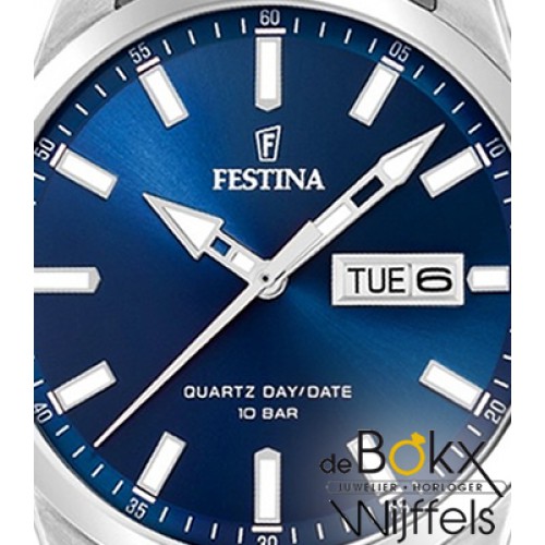 Horloge - Festina dag datum sport horloge F20357/1. Dit Festina heren  horloge heeft een blauwe wijzerplaat met witte accenten en beschermende  kroon een dag en datum aanduiding op 3 uur en een