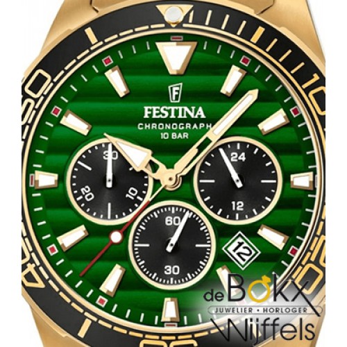 Horloge - Goudkleurige stalen horloge van met groene wijzerplaat, dit fantastische horloge is 10 bar waterdicht en heeft een chronograaf kwaliteitsuurwerk met datum en is afgewerkt met een mineraalglas.Wij zijn officieel