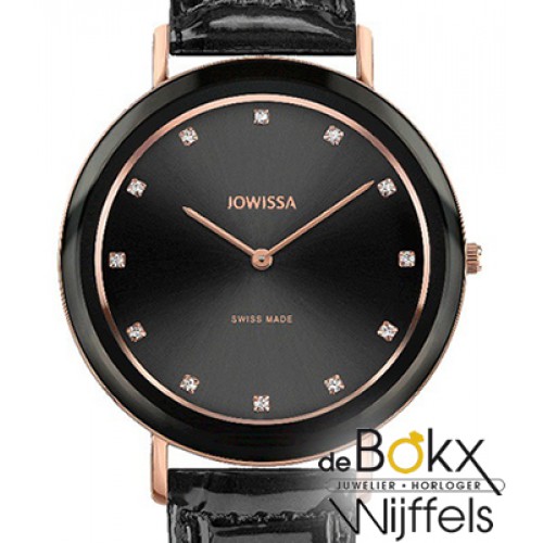 Alto Jowisa dameshorloge met rozé kast en zwart lederen band J4.318.M - 54982 Alto Jowisa dameshorloge met rozé kast en zwart lederen band J4.318.M - 54982