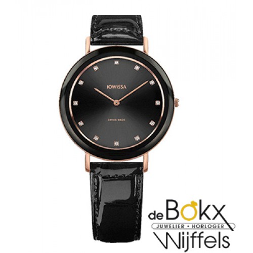 Alto Jowisa dameshorloge met rozé kast en zwart lederen band J4.318.M - 54982 Alto Jowisa dameshorloge met rozé kast en zwart lederen band J4.318.M - 54982