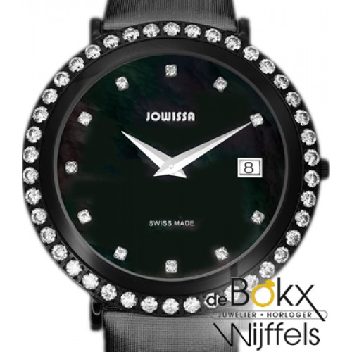 Horloge - Luxe Jowissa dames horloge J6.198.L met ongeveer 41 zirkonen in  de rand 11 zirkonen in de zwarte wijzerplaat. Het horloge is 39mm groot en  heeft een zwarte lederen band. Dit