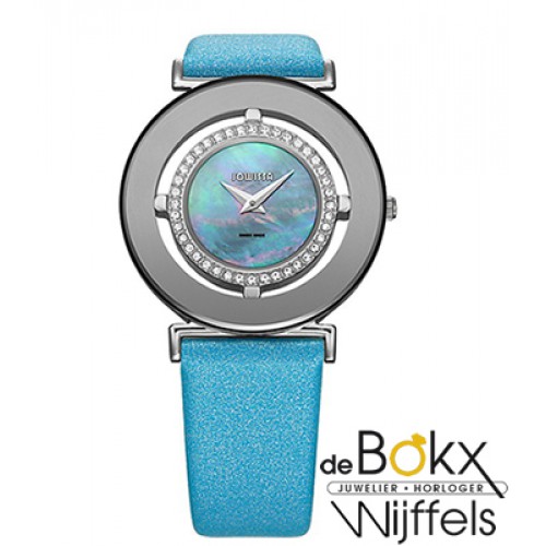 Jowisa dameshorloge met stalen kast en blauwe lederen band van de Magic Strass collectie J6.201.L - 55505 Jowisa dameshorloge met stalen kast en blauwe lederen band van de Magic Strass collectie J6.201.L - 55505