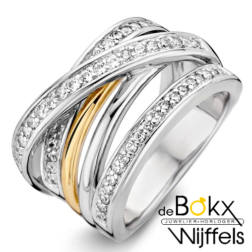 Brede ring van excellent in zilver met geelgoud en zirkonia maat 58 - 55138 Brede ring van excellent in zilver met geelgoud en zirkonia maat 58 - 55138