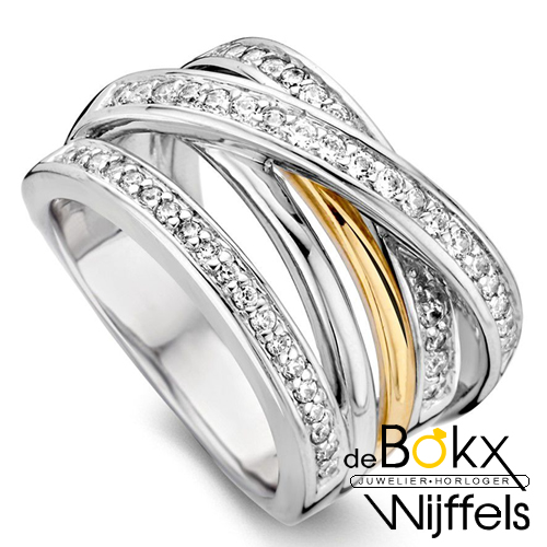 Brede ring van excellent in zilver met geelgoud en zirkonia maat 58 - 55138 Brede ring van excellent in zilver met geelgoud en zirkonia maat 58 - 55138