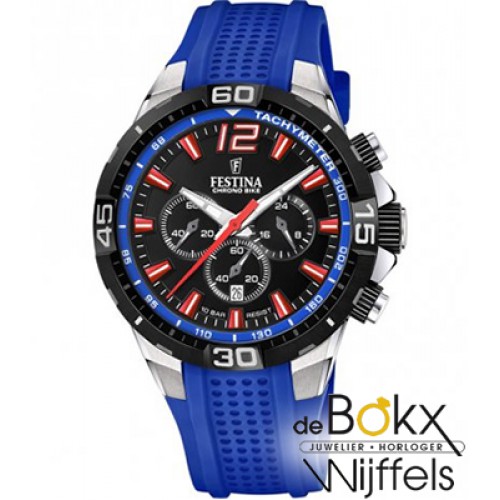 Horloge - Chrono bike: dit fantastische sportieve Festina horloge in blauw  is de opvolger van de Tour de France horloges. Met oog voor detail hebben  ze deze nieuwe reeks uitgebracht met verschillende